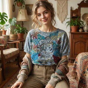 Vintage 80s Denim Shirt with Hand-Painted Tiger Design & Elastic Waist